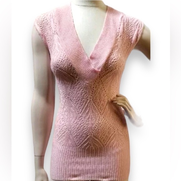 Wet Seal Pink Open Weave Sleeveless V-Neck Tunic Sweater XS Y2K - Picture 3 of 6